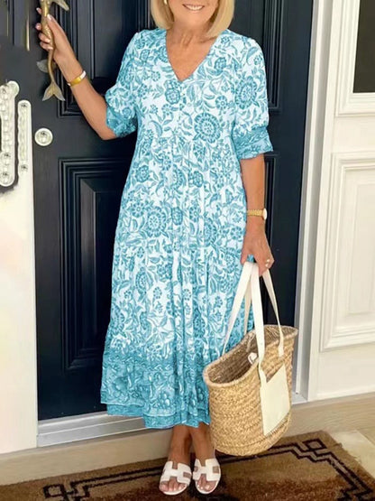 Women Floral Printed Boho Dress 2023 Summer Sexy V Neck Short Sleeve Long Dresses Female Fashion Pleated Loose Beach Party Dress