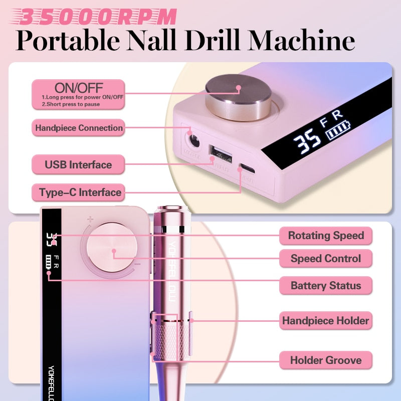 NEW 35000RPM Rechargeable Nail Drill Manicure Machine With Pause Mode Nail Salon Equipment Nail Gel Cutting Remove Nail Sander