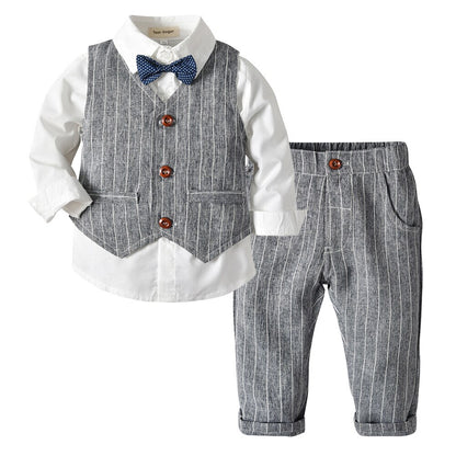 Baby Boy Clothes Birthday Party Baby Costume Boys Gentleman Tie Blue Shirt Vest Pants Autumn Toddler Baby Clothing Set Outfits