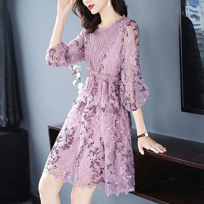 Elegant Ruffles Loose Bandage Bow Embroidery Lantern Sleeve Mini Dress Women Clothing 2023 Summer New Office Lady Princess Dress