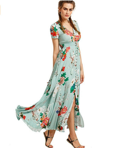 Casual Vacation Bohemian Half Short Sleeve Dress Vintage V-Neck Loose Long Printed Dress Elegant 5XL Pleasure Dress Women 19138