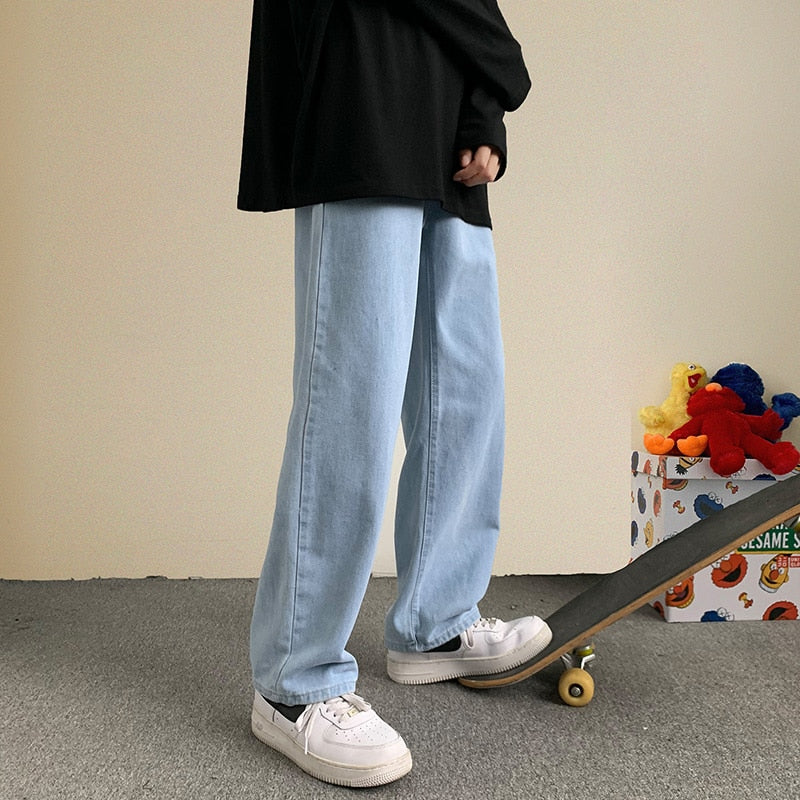 2023 Spring New Streetwear Baggy Jeans Men Korean Fashion Loose Straight Wide Leg Pants Male Brand Clothing Black Light Blue