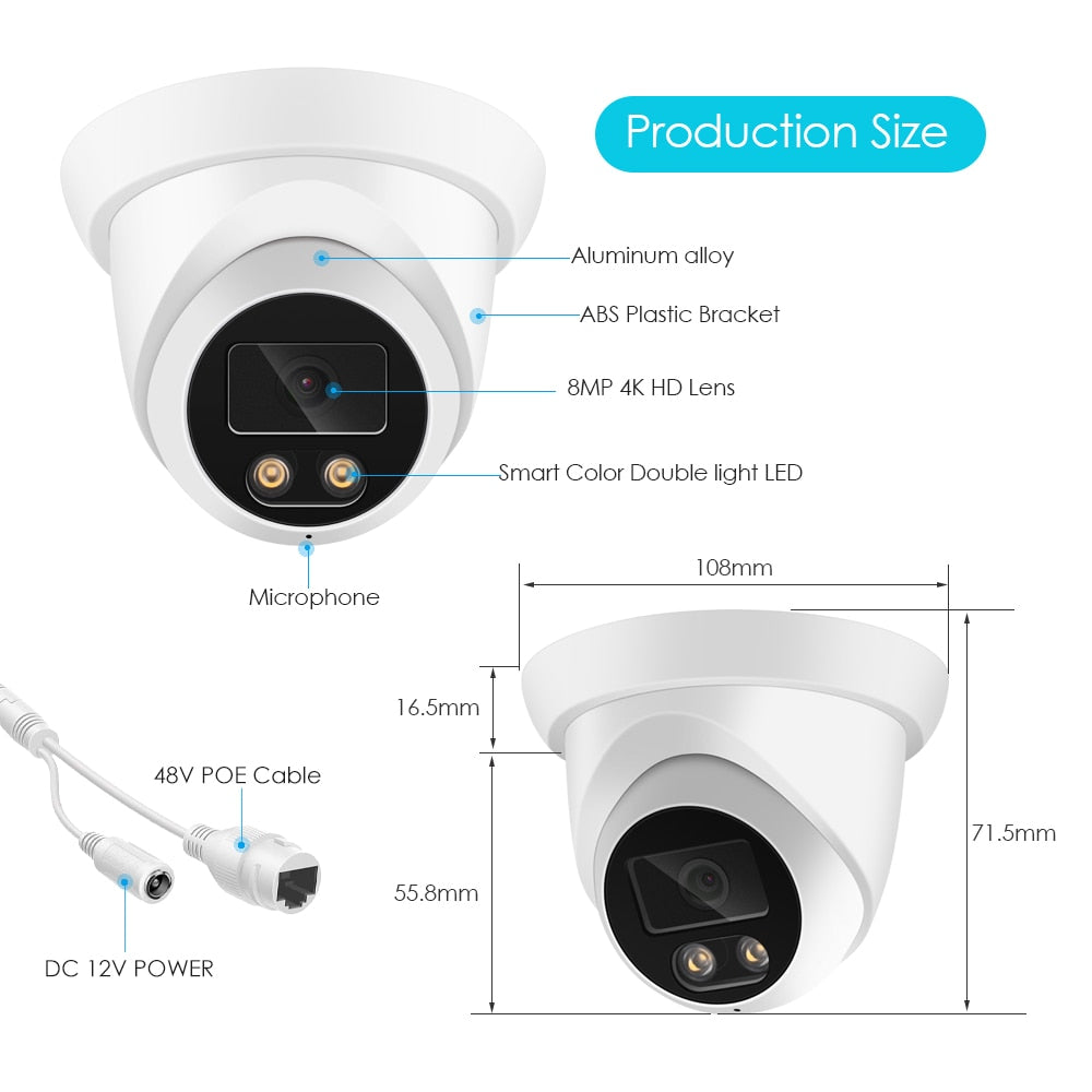 New 4K 8MP IP Camera Audio Outdoor POE H.265 Onvif Wide Angle 2.8mm AI Color Night Vision Home CCTV Video Surveillance Security