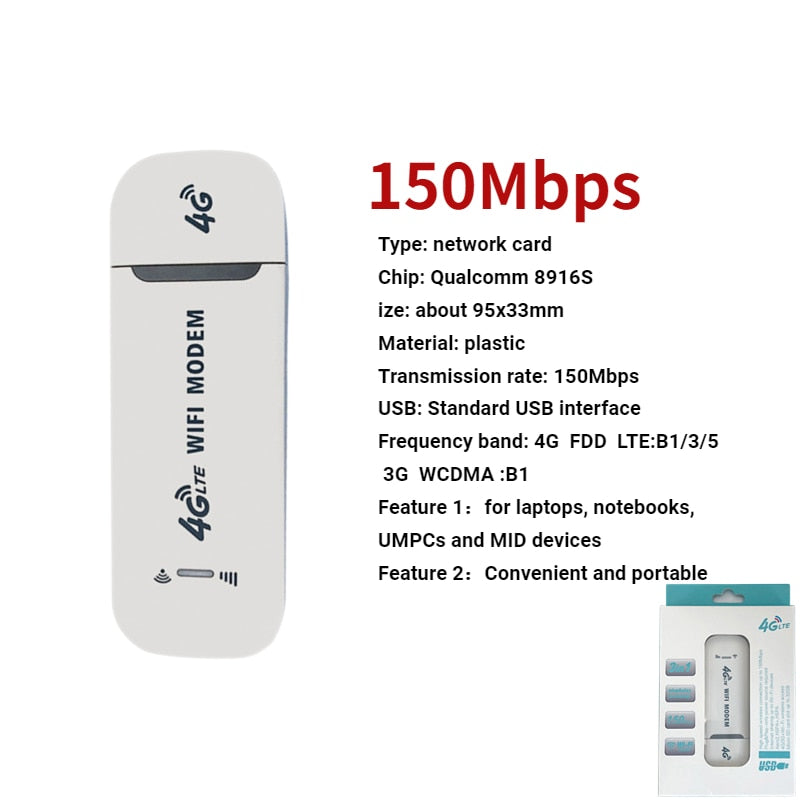 4G LTE Wireless USB Dongle WiFi Router 150Mbps Mobile Broadband Modem Stick Sim Card USB Adapter Pocket Router Network Adapter
