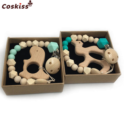 2pc Baby Teether Organic Wooden Animal Teether Natural Teething Grasping Toy Silicone Bead Toddler Teether Newborn DIY Baby Gift