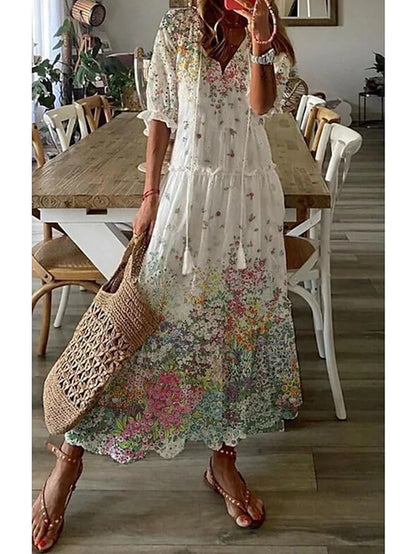 Boho Maxi Dress Women Summer 2023 V Neck Loose Long Dresses Geometric Print Vintage Holiday Beach Casual Tie Up Female Vestidos