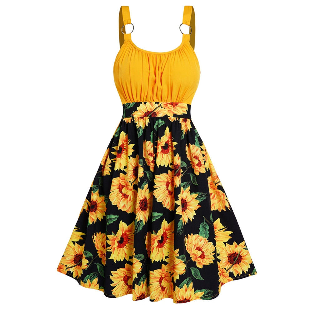 Sunflower Print Colorblock Sundress Ruched O Ring High Waist Vacation Dress For Female Summer Beach Robe