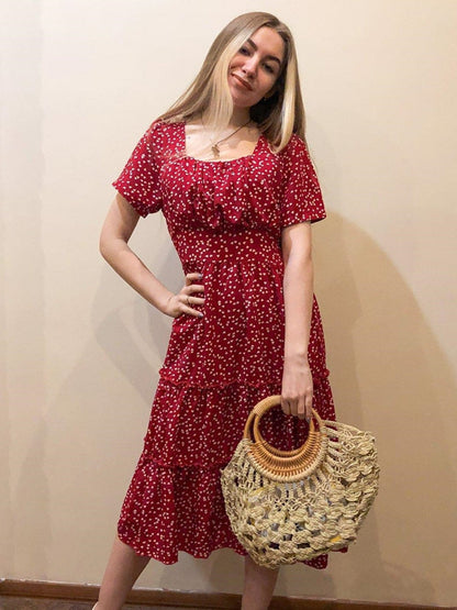 Msfilia Summer Love Pattern Dot Print Dress Women Casual Short Sleeve Square Collar Ruffles Medium Long Chiffon Dress