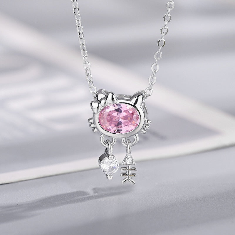 Lovely Cartoon Hellokitty Sanrio Anime Kids Chain Necklaces Cute Hollowed Kitty Crystal Necklace for Women Girls Birthday Gift