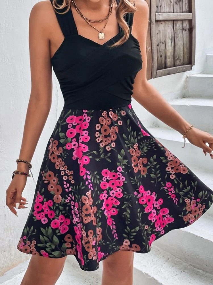 2023 New Summer Dresses Women Casual Suspenders Sleeveless V-Neck flower Print Loose Sundress Beach Dress Vestidos