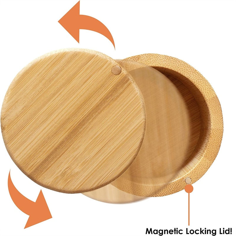 Bamboo Triple Salt Cellar with Magnetic Swivel Lids Kitchen Salt Pepper Storage Box Salt Jar Kichen Wood Salt Cellar Container