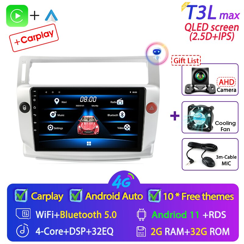 For Citroen C4 C-Triomphe Quatre 2004-2014 Car Radio Multimedia Carplay 2Din DVD Head Unit Stereo Speaker Audio Android 11 Video