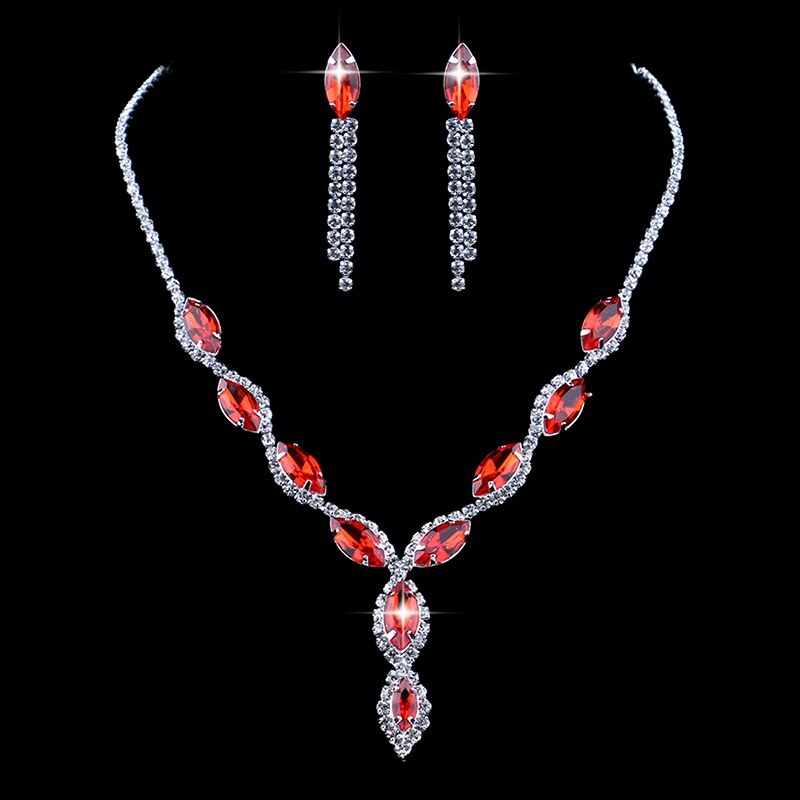 Fashion Blue Red Green Crystal Prom Wedding Jewelry Set Women Accessories Flower Tassel Necklace Earrings Bridal Jewelry Set