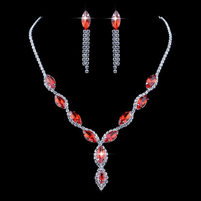 Fashion Blue Red Green Crystal Prom Wedding Jewelry Set Women Accessories Flower Tassel Necklace Earrings Bridal Jewelry Set