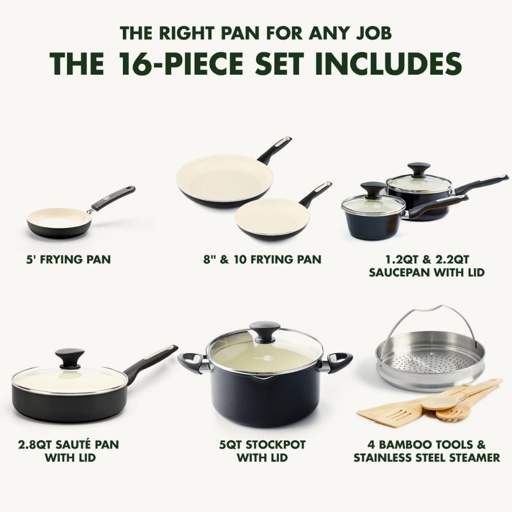 GreenPan Rio Ceramic Nonstick 16-Piece Set, Black cooking pots set non stick