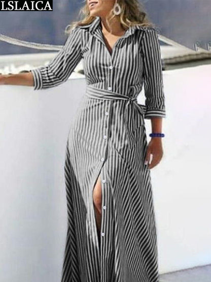 Shirt Women&#39;s Dress Boho Elegant Party Dresses 2023 Long Evening Gown Lace Up Simple Summer Striped Gowns Ladies Chic New Trendy