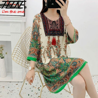 Women's Clothing Women Indian Dress Ready Stock Summer Vintage Causal Korean Style Beach Embroidery Tassel Floral Print Vestidos