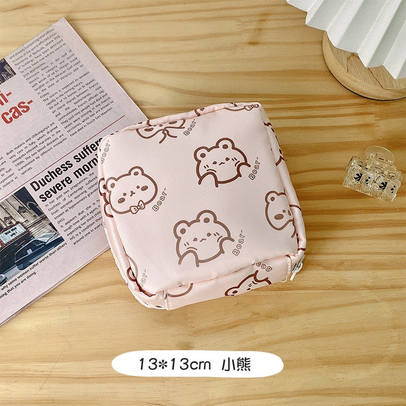 Women Girls Kawaii Cosmetic Makeup Tampon Bear Napkin Pouch Storage Bag Coin Purse Sanitary Pads Bag Mini Data Cables Organizer