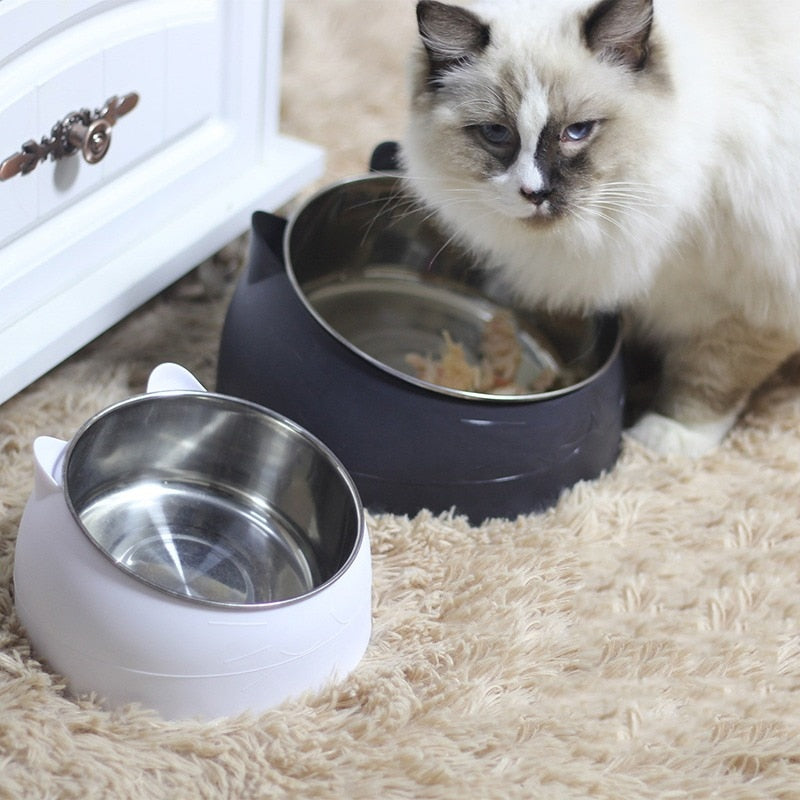 Cat Dog Bowl 15 Degrees Raised Stainless Steel Non Slip Puppy Base Cat Food Drinking Water Feeder Tilt Safeguard Neck Pet Bowl