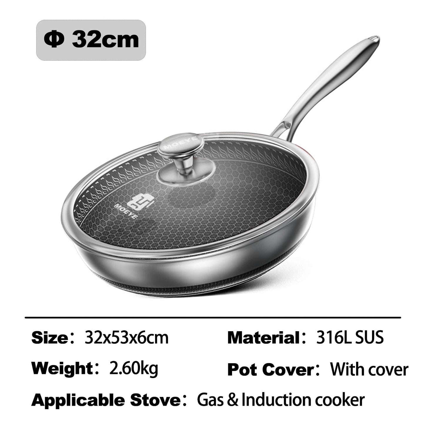 MOEYE Frying Pan 316L Stainless Steel Pan 28/30/32 Kitchen Nonstick Pan Cooking Skillet Kitchen Nonstick Skillet Induction Pan