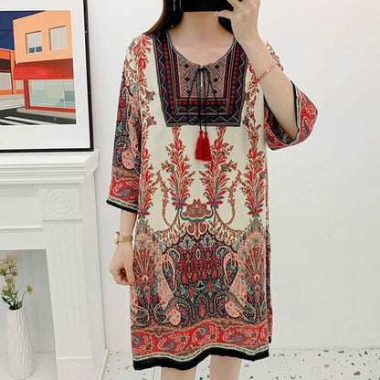 Women's Clothing Women Indian Dress Ready Stock Summer Vintage Causal Korean Style Beach Embroidery Tassel Floral Print Vestidos