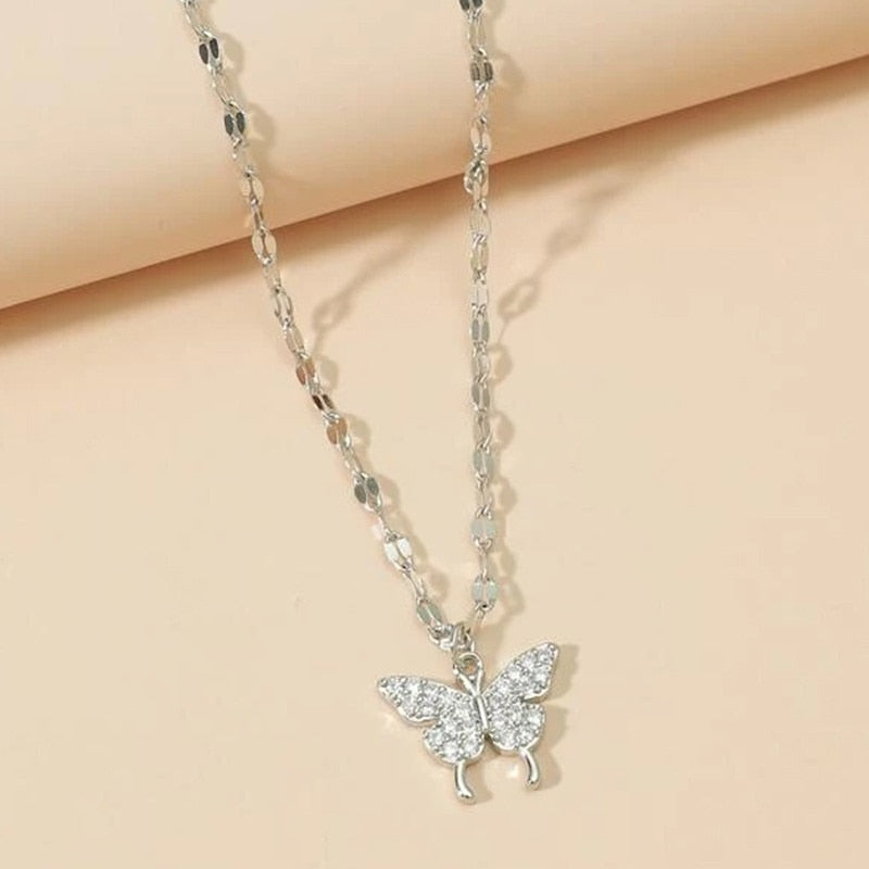 Shiny Butterfly Necklace Exquisite Golden Crystal Pendant Collar Chain Necklace Ladies Wedding Party Jewelry Gift