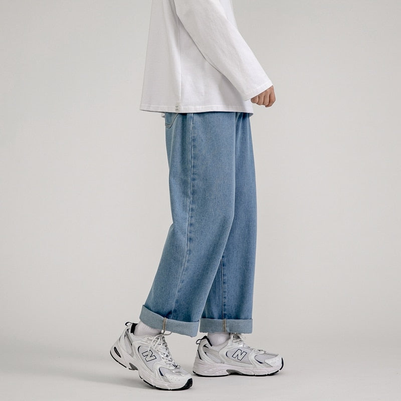 Korean Fashion Men&#39;s Baggy Jeans Classic All-match Solid Color Straight-leg Denim Wide-leg Pants Male Light Blue Grey Black