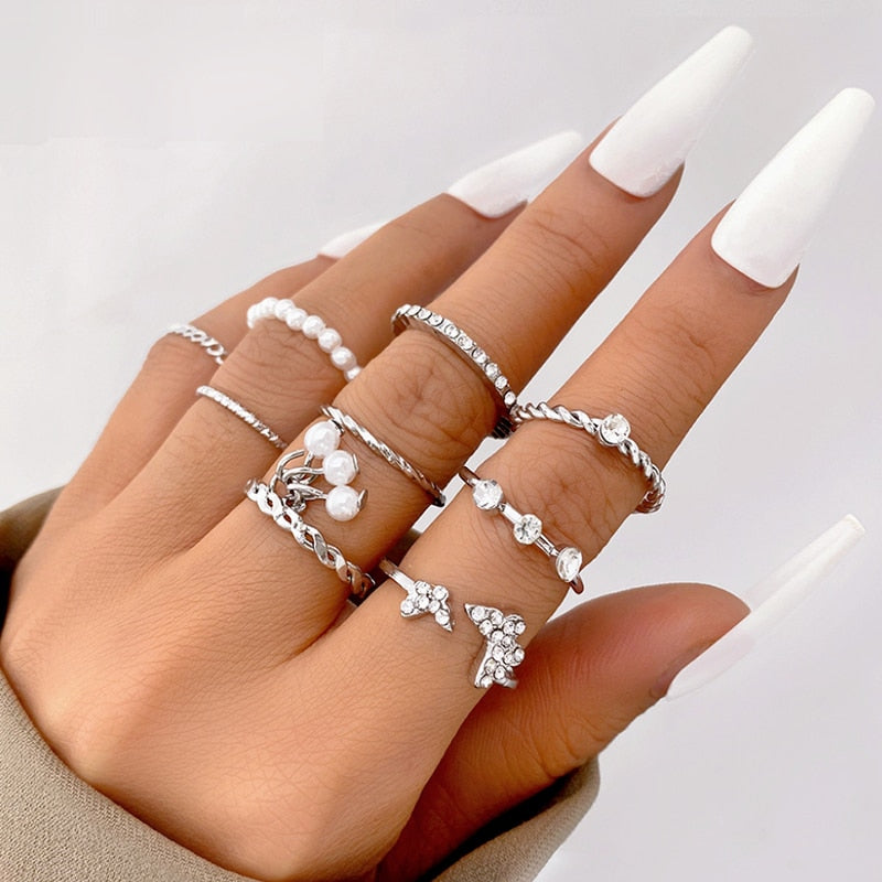 Vintage Hollow Heart Butterfly Rings Set For Women Metal Silver Color Geometric Spiral Shape Ring 22pcs Set 2023 Trendy Jewelry