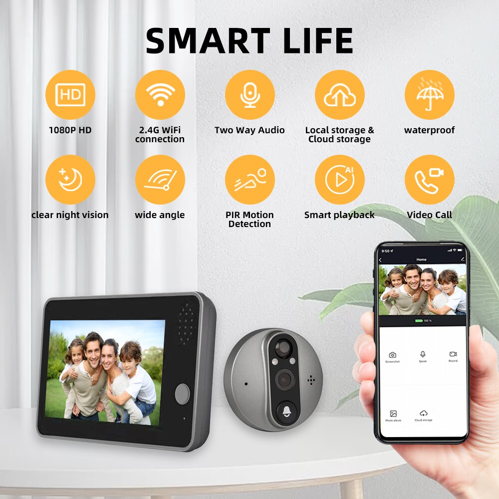 Tuya Smart 1080P WiFi Door Bell Peephole Camera Viewer Home Security Two-way Audio Night Vision 4.3&#39; FHD Video Doorbell Camera