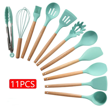 11/12PCS Silicone Kitchenware Non-Stick Cookware Kitchen Utensils Set Spatula Shovel Egg Beaters Wooden Handle Cooking Tool Set