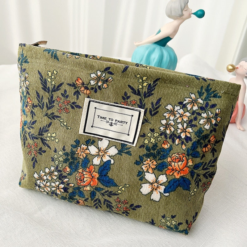 Cosmetic Bag Women Floral Makeup Case Organizer Korean Embroidery Cosmetic Pouch Travel Toiletry Bag Corduroy Canvas Beauty Case