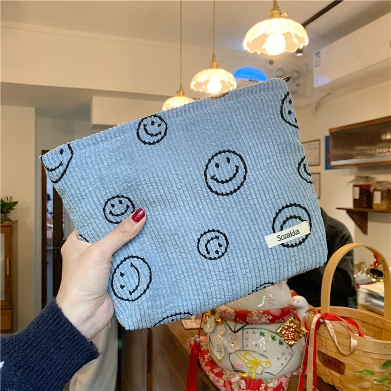 Japanese Style Corduroy Cosmetic Bag Women Handbags Purses Smile&amp;Dots Makeup Organizer Storage Makeup Bag Girls Pencil Case Bags