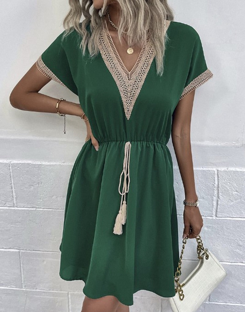 Women Elegante Mini Dress Summer Fashion V Neck Loose Lace Up Bohemian Dresses Female Casual Solid Short Sleeved Dress Vestidos