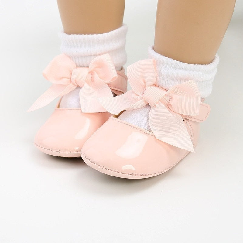 Newborn Baby Shoes Baby Boy Girl Shoes Girl Classic Bowknot Rubber Sole Anti-slip PU Dress Shoes First Walker Toddler Crib Shoes