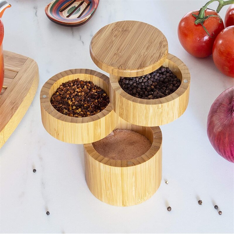 Bamboo Triple Salt Cellar with Magnetic Swivel Lids Kitchen Salt Pepper Storage Box Salt Jar Kichen Wood Salt Cellar Container