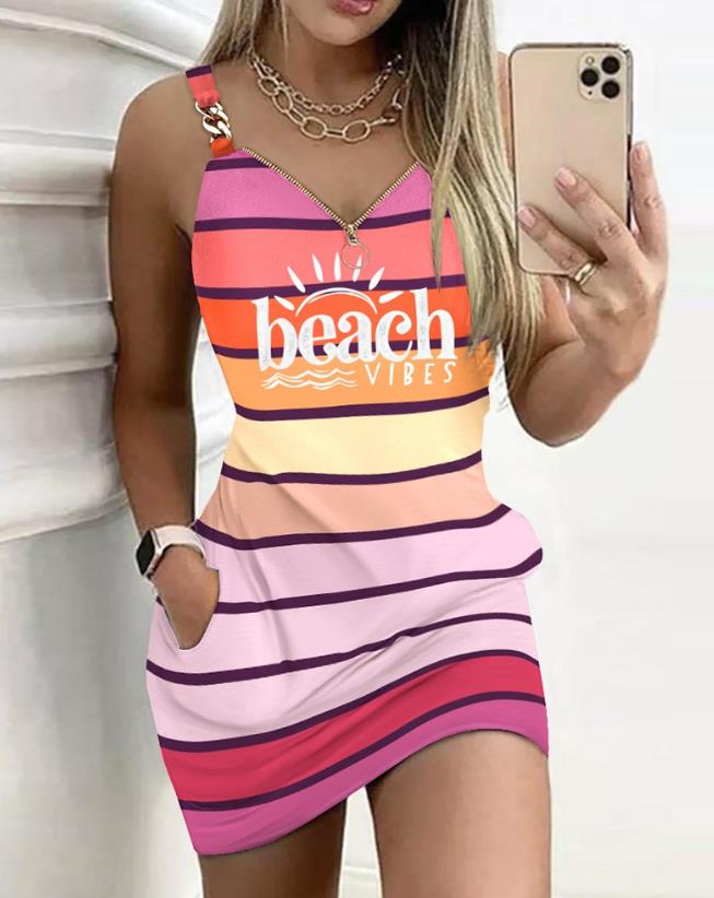 Women&#39;s Dresses 2023 Summer Fashion Coconut Tree Print Chain Decor Casual V-Neck Sleeveless Daily Vacation Mini Straight Dress