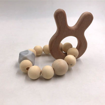 Wooden Baby Bracelet Animal Shaped Jewelry Teething For Baby Organic Wood Silicone Beads Baby Rattle Stroller Accessories Toys