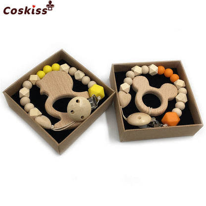 2pc Baby Teether Organic Wooden Animal Teether Natural Teething Grasping Toy Silicone Bead Toddler Teether Newborn DIY Baby Gift