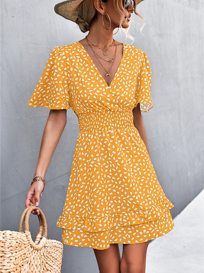 Sexy V Neck Mini Dress For Women Fashion Floral Slim Short Dresses Female Lotus Leaf Sleeve Elegant Dress Summer Vestido Mujer