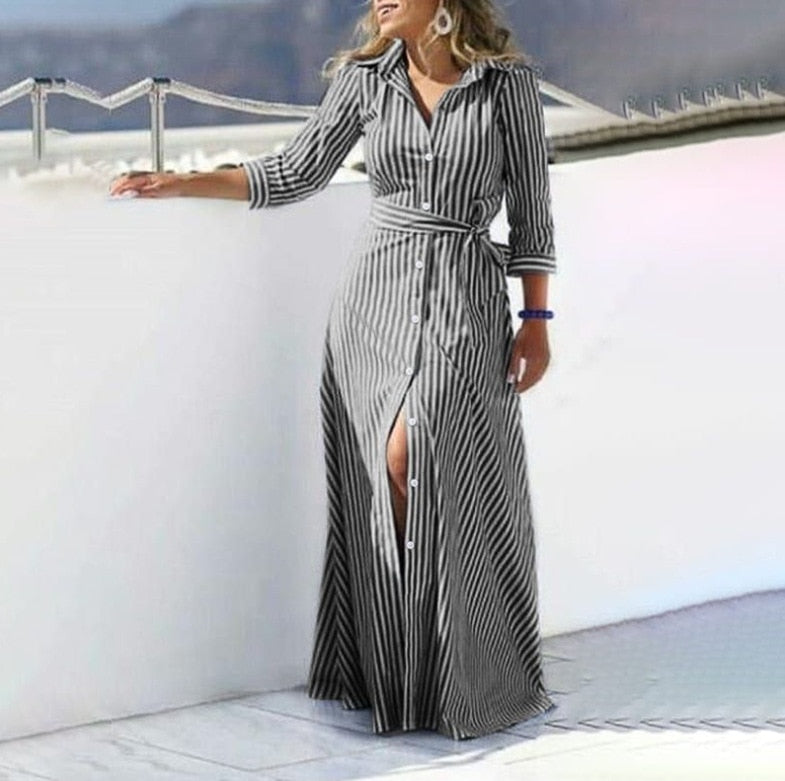 Shirt Women&#39;s Dress Boho Elegant Party Dresses 2023 Long Evening Gown Lace Up Simple Summer Striped Gowns Ladies Chic New Trendy