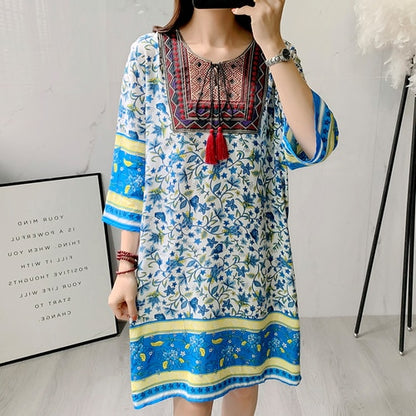 Women's Clothing Women Indian Dress Ready Stock Summer Vintage Causal Korean Style Beach Embroidery Tassel Floral Print Vestidos