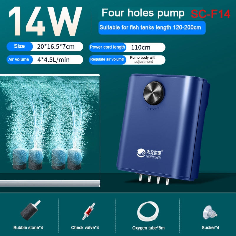 Silent Aquarium Oxygen Air Pump with Check Valve Fish Tank Four Outlet Large Oxygenator Aquarium Air Compressor Aerator 220v 14w