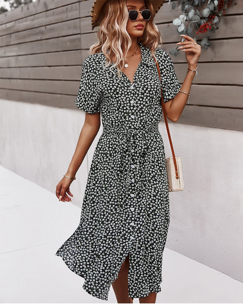 2022 Women Floral Dress Summer Casual Short Sleeve Button Holiday Midi Dresses Female V-Neck Beach Boho Chic Dress Elegant Robe