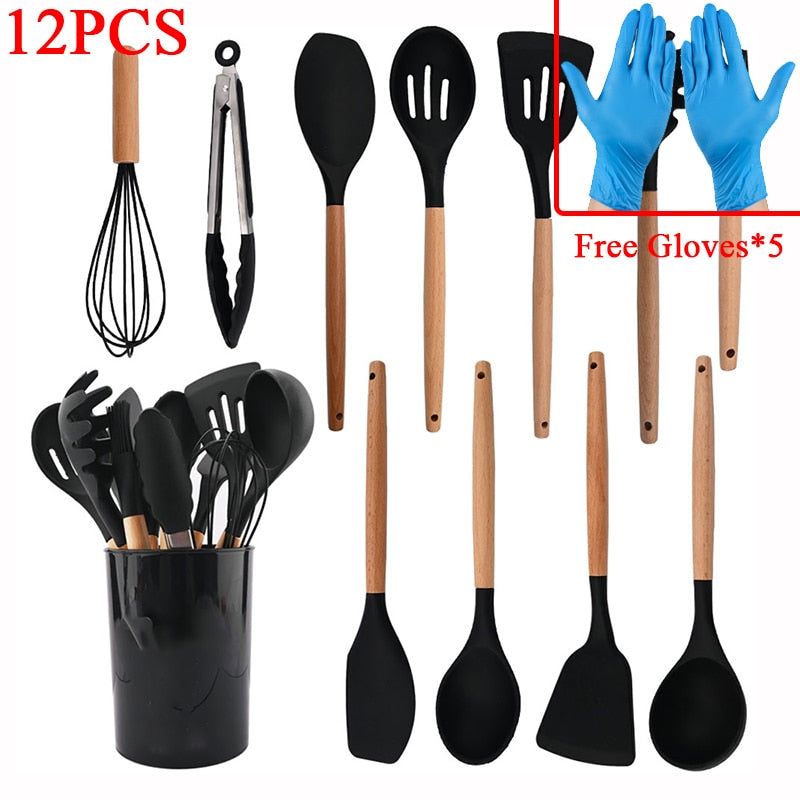 11/12PCS Silicone Kitchenware Non-Stick Cookware Kitchen Utensils Set Spatula Shovel Egg Beaters Wooden Handle Cooking Tool Set