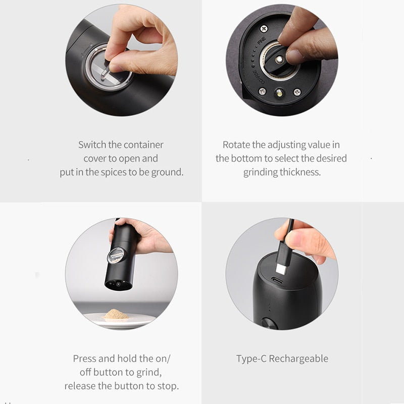 Rechargeable Salt Pepper Grinder Set USB Charging Base Adjustable Automatic Electric Spices LED One Hand Mill Kitchen Tools