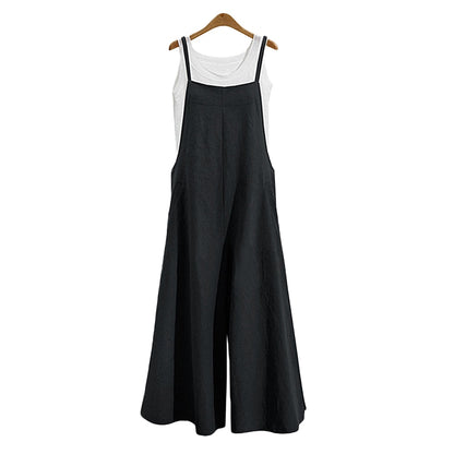 Casual Loose Jumpsuit Women Summer Solid Cotton Linen Straps Wide Leg Pants Dungaree Bib Overalls Sleeveless Oversized Jumpsuits