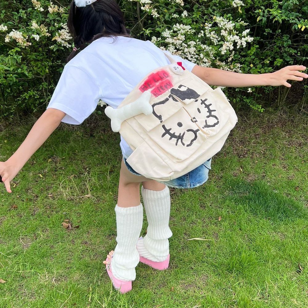 Backpacks for Women  cute Hello Kitty Hand-Painted Inkjet Distressed Cotton Linen Millennium Hot Girl Messenger Trendy Bag