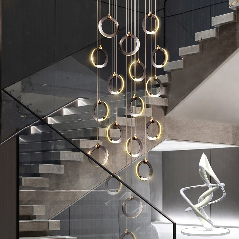 Pendant Staircase LED Attic Villa Living Room Ceiling Pendant Lights 2023 Designer Lamp Nordic Long Annular Staircase Chandelier