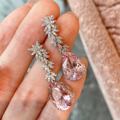 2023 Korea Jewelry Pink Morganite Diamond Water Drop Earrings Female Elegant Long Pendant Earring Trendy Dangler Fine Gift
