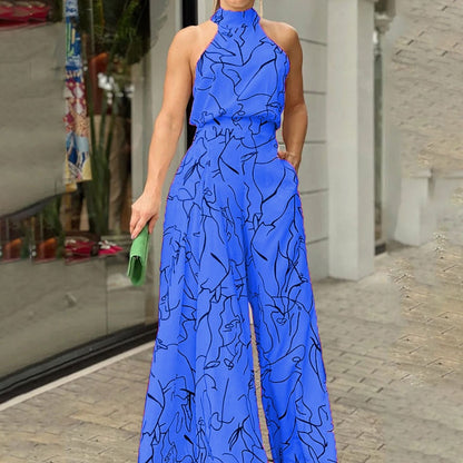 Summer Sexy Halterneck Bodycon Sleeveless High Jumpsuit 2022 Women Abstract Print Jumpsuit Chic Streetwear Wide Leg Romper Mujer